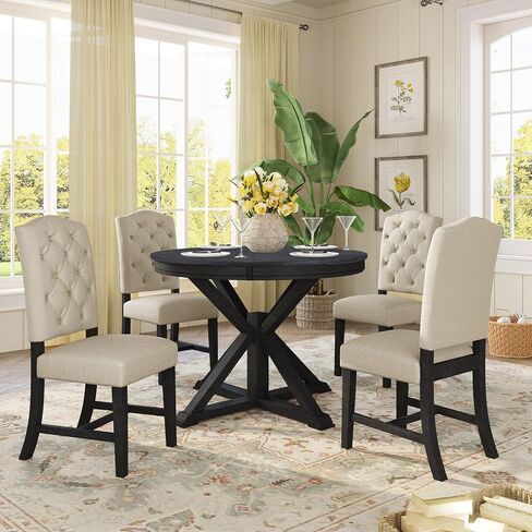 طقم طاولة طعام لـ 4 أشخاص، 5 قطع طاولات وكراسي المطبخ بما في ذلك طاولة طعام مستديرة قابلة للتمديد وأربعة كراسي منجدة، سطح طاولة من الخشب الحبيبي، مسند ظهر سلم، أرجل مطاطية من الخشب الصلب in Kuwait