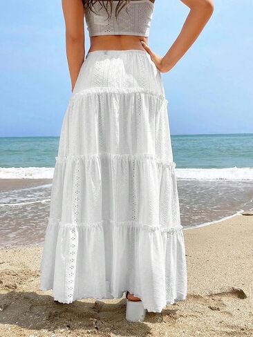 Narecte Women's Maxi Skirt Summer Boho High Waist Pleated A-Line Flowy Ruffle Swing Tiered Long Beach Skirt Dress 2024 in Saudi Arabia