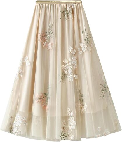 ABAFIP Women's Floral Embroidered Tulle Skirt Elastic High Waist Mesh Tutu A-Line Embroidery Midi Long Skirts in Saudi Arabia
