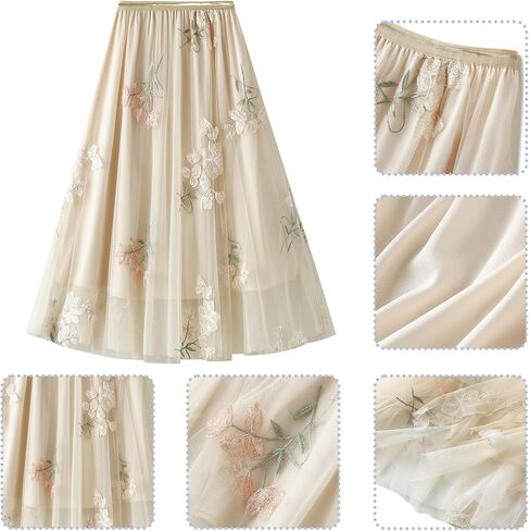 ABAFIP Women's Floral Embroidered Tulle Skirt Elastic High Waist Mesh Tutu A-Line Embroidery Midi Long Skirts in Saudi Arabia