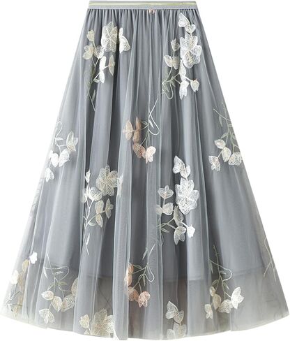 ABAFIP Women's Floral Embroidered Tulle Skirt Elastic High Waist Mesh Tutu A-Line Embroidery Midi Long Skirts in Saudi Arabia