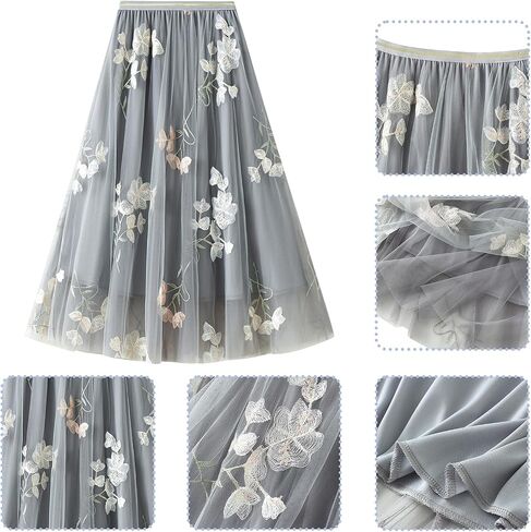 ABAFIP Women's Floral Embroidered Tulle Skirt Elastic High Waist Mesh Tutu A-Line Embroidery Midi Long Skirts in Saudi Arabia