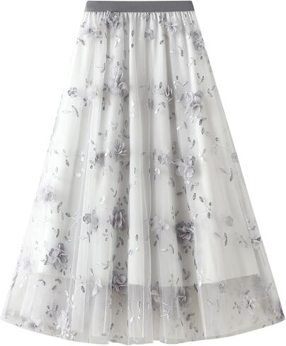 ABAFIP Women's Floral Embroidered Tulle Skirt Elastic High Waist Mesh Tutu A-Line Embroidery Midi Long Skirts in Saudi Arabia