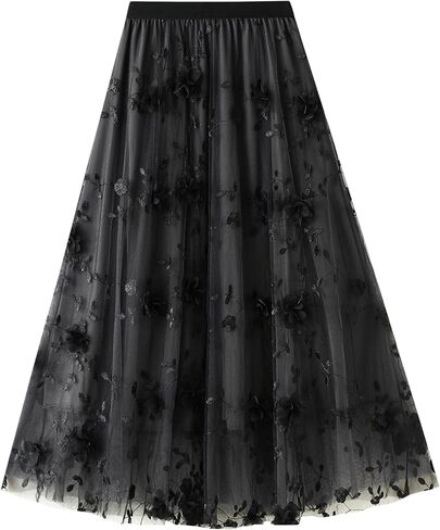 ABAFIP Women's Floral Embroidered Tulle Skirt Elastic High Waist Mesh Tutu A-Line Embroidery Midi Long Skirts in Saudi Arabia