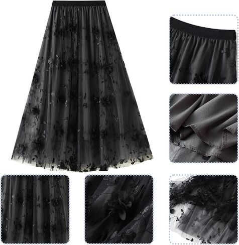 ABAFIP Women's Floral Embroidered Tulle Skirt Elastic High Waist Mesh Tutu A-Line Embroidery Midi Long Skirts in Saudi Arabia