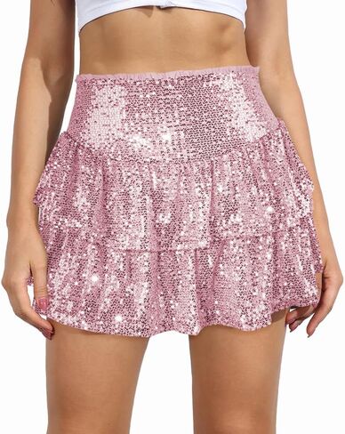 MiiVoo Women’s Sequin Ruffle Mini Skirt Sparkly High Waist Lined Layered Flared Pleated Shiny Party Club Short Skirts in Saudi Arabia