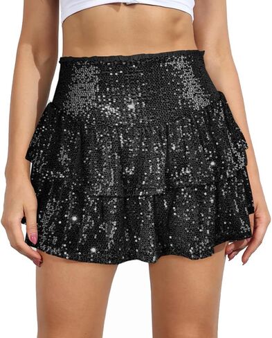 MiiVoo Women’s Sequin Ruffle Mini Skirt Sparkly High Waist Lined Layered Flared Pleated Shiny Party Club Short Skirts in Saudi Arabia