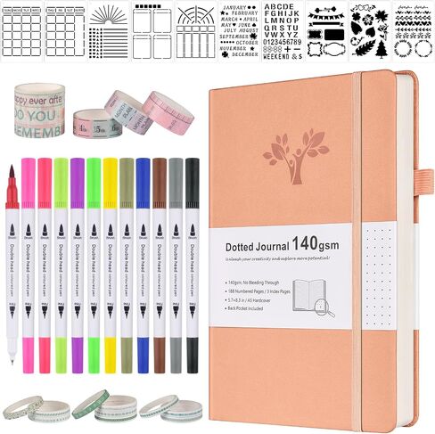 مجموعة مجلة Bullet Dotted Journal، غلاف مقوى 140 جرامًا للمتر المربع A5 مجلة منقط مع 188 صفحة مرقمة و3 فهارس، 12 قلم فرشاة بطرف مزدوج، 10 استنسل و14 شريط واشي للنساء والرجال والفتيات المراهقات، وردي in Kuwait