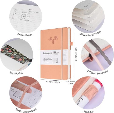 مجموعة مجلة Bullet Dotted Journal، غلاف مقوى 140 جرامًا للمتر المربع A5 مجلة منقط مع 188 صفحة مرقمة و3 فهارس، 12 قلم فرشاة بطرف مزدوج، 10 استنسل و14 شريط واشي للنساء والرجال والفتيات المراهقات، وردي in Kuwait