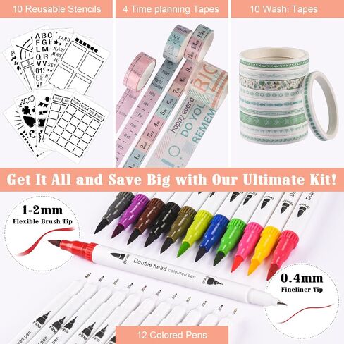 مجموعة مجلة Bullet Dotted Journal، غلاف مقوى 140 جرامًا للمتر المربع A5 مجلة منقط مع 188 صفحة مرقمة و3 فهارس، 12 قلم فرشاة بطرف مزدوج، 10 استنسل و14 شريط واشي للنساء والرجال والفتيات المراهقات، وردي in Kuwait