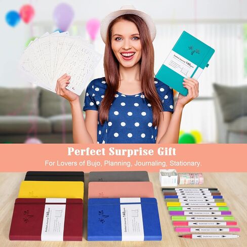 مجموعة مجلة Bullet Dotted Journal، غلاف مقوى 140 جرامًا للمتر المربع A5 مجلة منقط مع 188 صفحة مرقمة و3 فهارس، 12 قلم فرشاة بطرف مزدوج، 10 استنسل و14 شريط واشي للنساء والرجال والفتيات المراهقات، وردي in Kuwait