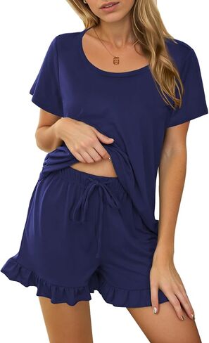 Ekouaer Womens Pajamas Short Sleeve Lounge Set Crew Neck Tops and Ruffle Shorts Pj Sets Soft Sleepwear with Pockets S-XXL in Saudi Arabia