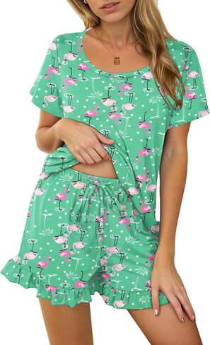 Ekouaer Womens Pajamas Short Sleeve Lounge Set Crew Neck Tops and Ruffle Shorts Pj Sets Soft Sleepwear with Pockets S-XXL in Saudi Arabia