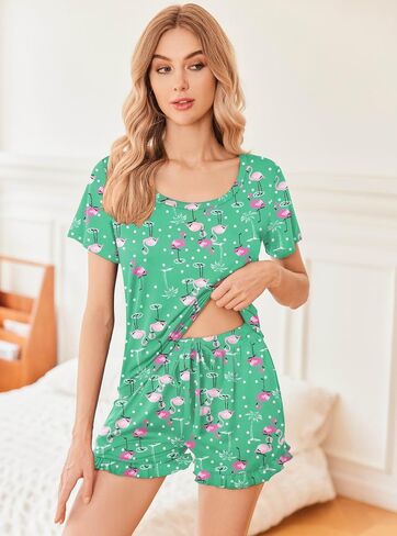 Ekouaer Womens Pajamas Short Sleeve Lounge Set Crew Neck Tops and Ruffle Shorts Pj Sets Soft Sleepwear with Pockets S-XXL in Saudi Arabia