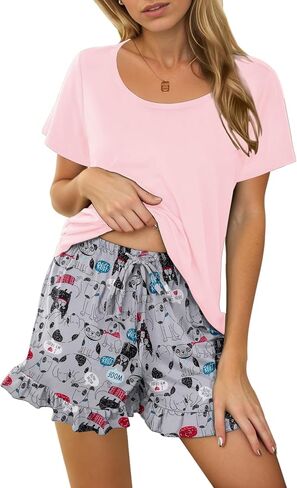 Ekouaer Womens Pajamas Short Sleeve Lounge Set Crew Neck Tops and Ruffle Shorts Pj Sets Soft Sleepwear with Pockets S-XXL in Saudi Arabia
