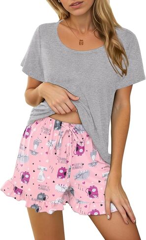 Ekouaer Womens Pajamas Short Sleeve Lounge Set Crew Neck Tops and Ruffle Shorts Pj Sets Soft Sleepwear with Pockets S-XXL in Saudi Arabia