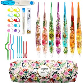 ZYNERY 6 Pcs Resin Crochet Hook Set, Ergonomic Crochet Hooks with Floral Plastic Grips, Size 3mm-6mm (3/4/4.5/5/5.5/6mm), Includes Stitch Markers & Needles for Blankets, Scarves, Hats in Saudi Arabia