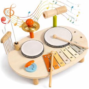 Baby Drum Set for Toddlers 1-3, Wooden Baby Musical Instruments,Montessori Toys for 1 Year Old with Baby Musical Instruments with Bongo Drums, Cymbals, Maracas...Perfect First Birthday Gift for Kids in Saudi Arabia