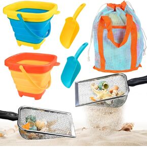 Beach Sand Toys Set for Kids, 2-Pack Collapsible Sand Buckets with 2 Metal Sifter & 2 Plastic Shovels & Mesh Bag | for Easter Egg Hunt Shell Collecting Castle Building Summer Travel in Saudi Arabia