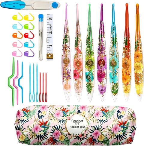ZYNERY 6 Pcs Resin Crochet Hook Set, Ergonomic Crochet Hooks with Floral Plastic Grips, Size 3mm-6mm (3/4/4.5/5/5.5/6mm), Includes Stitch Markers & Needles for Blankets, Scarves, Hats in Saudi Arabia