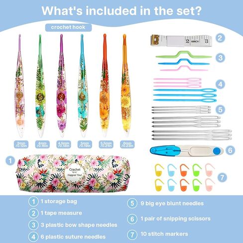 ZYNERY 6 Pcs Resin Crochet Hook Set, Ergonomic Crochet Hooks with Floral Plastic Grips, Size 3mm-6mm (3/4/4.5/5/5.5/6mm), Includes Stitch Markers & Needles for Blankets, Scarves, Hats in Saudi Arabia