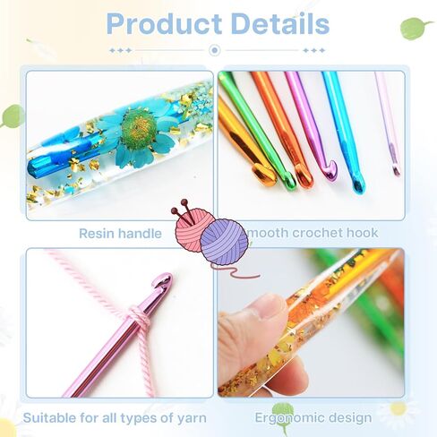ZYNERY 6 Pcs Resin Crochet Hook Set, Ergonomic Crochet Hooks with Floral Plastic Grips, Size 3mm-6mm (3/4/4.5/5/5.5/6mm), Includes Stitch Markers & Needles for Blankets, Scarves, Hats in Saudi Arabia