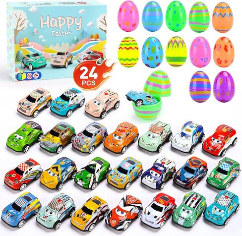 Roicaholy 24 Count Prefilled Easter Eggs with Pull-Back Cars Inside - Fun Easter Egg Hunt Toys for Kids Toddler, Plastic Eggs filled with Toys, Bonus Storage Pouch in Saudi Arabia