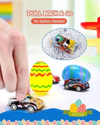 Roicaholy 24 Count Prefilled Easter Eggs with Pull-Back Cars Inside - Fun Easter Egg Hunt Toys for Kids Toddler, Plastic Eggs filled with Toys, Bonus Storage Pouch in Saudi Arabia