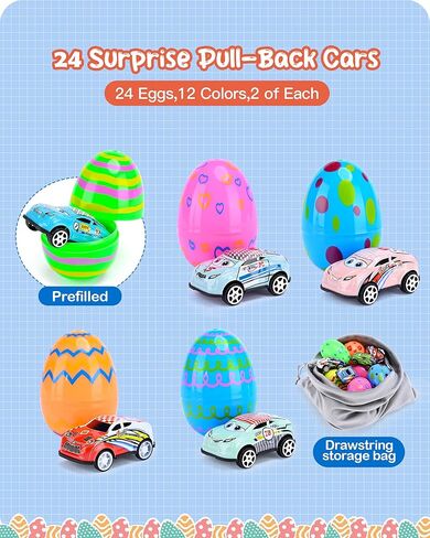 Roicaholy 24 Count Prefilled Easter Eggs with Pull-Back Cars Inside - Fun Easter Egg Hunt Toys for Kids Toddler, Plastic Eggs filled with Toys, Bonus Storage Pouch in Saudi Arabia