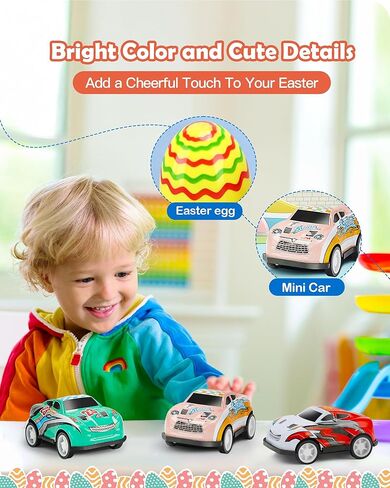 Roicaholy 24 Count Prefilled Easter Eggs with Pull-Back Cars Inside - Fun Easter Egg Hunt Toys for Kids Toddler, Plastic Eggs filled with Toys, Bonus Storage Pouch in Saudi Arabia