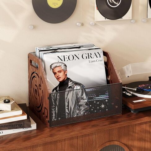 Vinyl Record Storage, Rustic Hollow-Design Wooden Record Holder, Holds Up to 70+ Records, Album Record Crate, Magazine Holder for Home Decor and Collection Display in Saudi Arabia