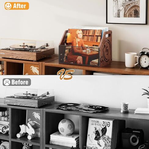 Vinyl Record Storage, Rustic Hollow-Design Wooden Record Holder, Holds Up to 70+ Records, Album Record Crate, Magazine Holder for Home Decor and Collection Display in Saudi Arabia