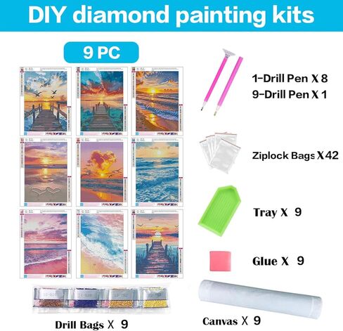dpartgmjt 9 حزمة مجموعات الفن الماس الشاطئ للبالغين، multipack غروب الشمس الماس طقم الطلاء للبالغين، 5d diy الحفر المستديرة جوهرة الفن الكبار الماس النقاط مجموعات للمنزل جدار ديكور هدية 12x16in (المناظر الطبيعية) in Kuwait