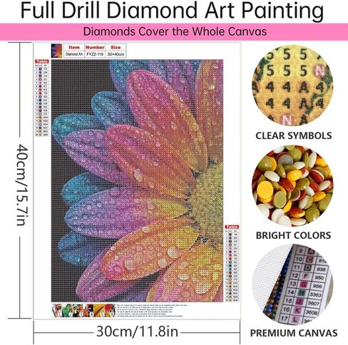 Rainbow Daisy with Water Drops Diamond Painting Kits for Adults, Colorful Macro Flowers Dewdrop 5D Full Round Drill DIY Diamond Art Kits for Beginners, Gem Art and Crafts Home Wall Decor 12x16 Inch in Saudi Arabia