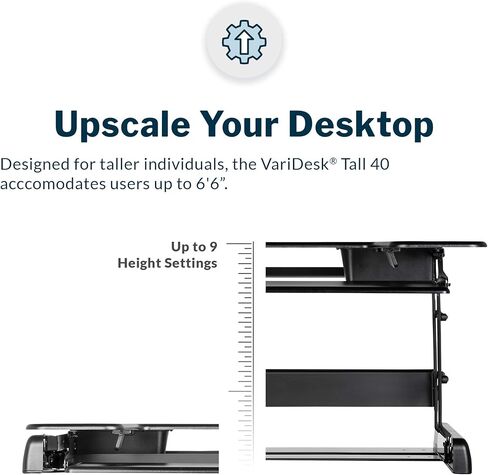Vari Varidesk Tall 40 Standing Desk Converter for Users Up to 6'6" - Fits Dual Monitors (40" Wide) + Keyboard (28" Deep), 9 Height Settings (4¾" to 23"), Supports 35lbs – Delivers Assembled (Black) in Saudi Arabia