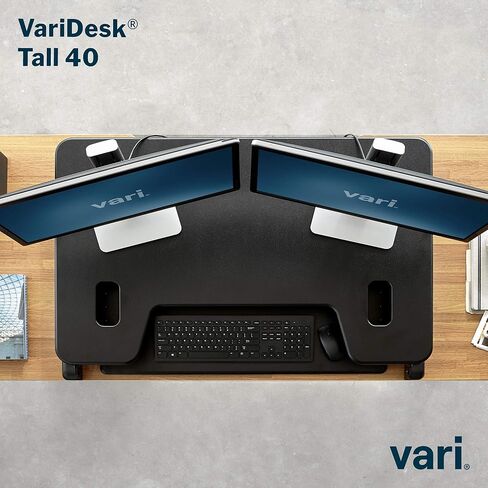 Vari Varidesk Tall 40 Standing Desk Converter for Users Up to 6'6" - Fits Dual Monitors (40" Wide) + Keyboard (28" Deep), 9 Height Settings (4¾" to 23"), Supports 35lbs – Delivers Assembled (Black) in Saudi Arabia