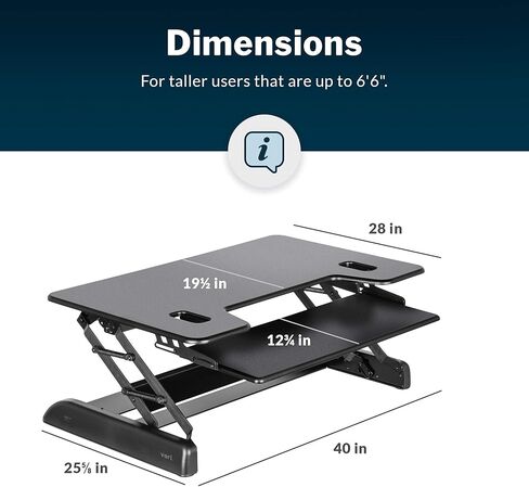 Vari Varidesk Tall 40 Standing Desk Converter for Users Up to 6'6" - Fits Dual Monitors (40" Wide) + Keyboard (28" Deep), 9 Height Settings (4¾" to 23"), Supports 35lbs – Delivers Assembled (Black) in Saudi Arabia