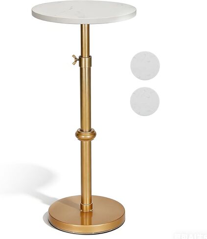 Adjustable Height Marble Drink Table, 10 x 10 x 22-31 Inches, White Marble & Antique Brass Metal Martini Table for Small Spaces, Living Room, Bedroom and Balcony, Comes with 2 Coasters in Saudi Arabia