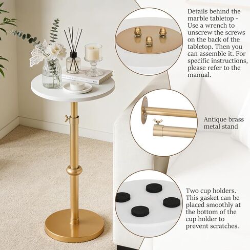 Adjustable Height Marble Drink Table, 10 x 10 x 22-31 Inches, White Marble & Antique Brass Metal Martini Table for Small Spaces, Living Room, Bedroom and Balcony, Comes with 2 Coasters in Saudi Arabia