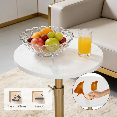 Adjustable Height Marble Drink Table, 10 x 10 x 22-31 Inches, White Marble & Antique Brass Metal Martini Table for Small Spaces, Living Room, Bedroom and Balcony, Comes with 2 Coasters in Saudi Arabia