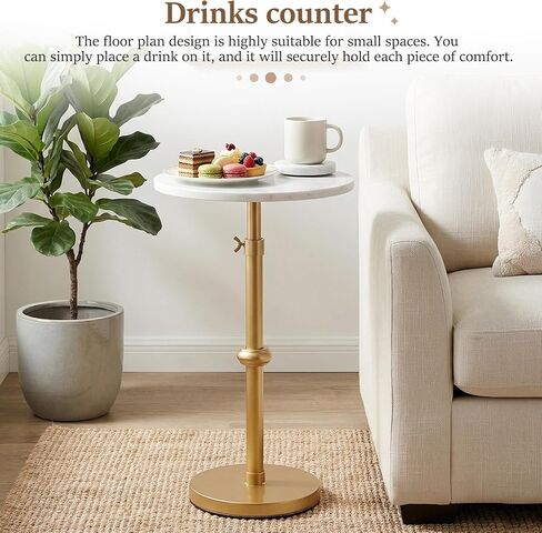 Adjustable Height Marble Drink Table, 10 x 10 x 22-31 Inches, White Marble & Antique Brass Metal Martini Table for Small Spaces, Living Room, Bedroom and Balcony, Comes with 2 Coasters in Saudi Arabia