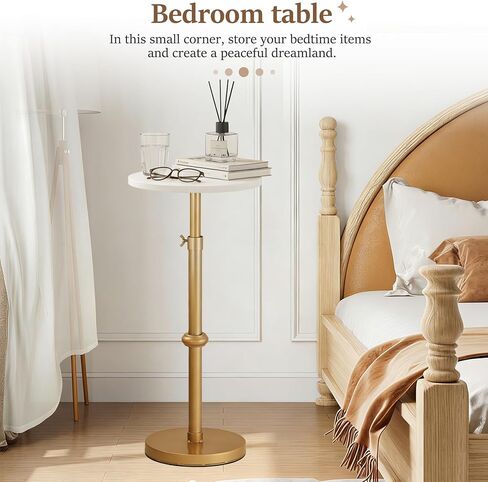 Adjustable Height Marble Drink Table, 10 x 10 x 22-31 Inches, White Marble & Antique Brass Metal Martini Table for Small Spaces, Living Room, Bedroom and Balcony, Comes with 2 Coasters in Saudi Arabia