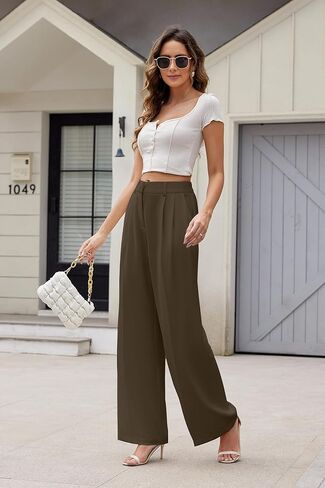 Women Office Wide High Waist Pants Loose Fit Elastic Waist Pleated Front Trousers for Work Casual in Saudi Arabia