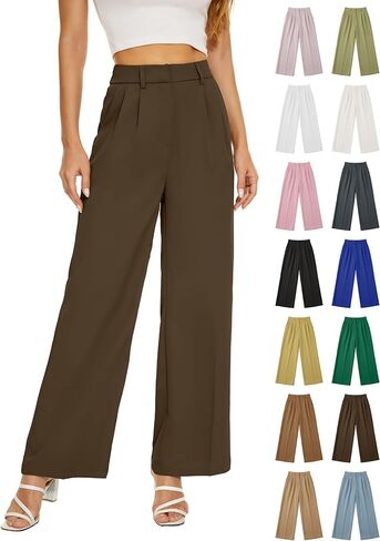 Women Office Wide High Waist Pants Loose Fit Elastic Waist Pleated Front Trousers for Work Casual in Saudi Arabia