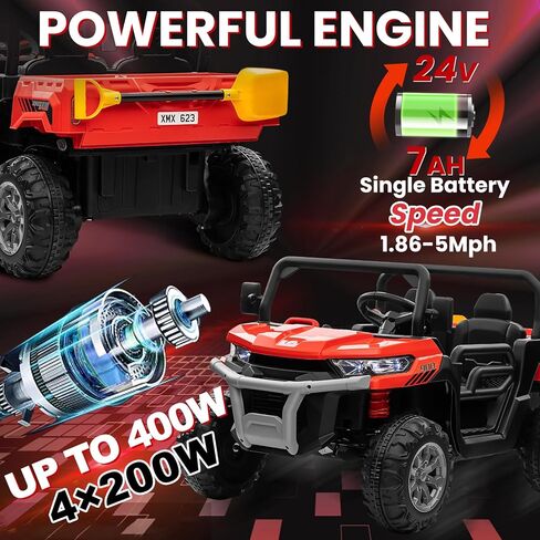 سيارة شاحنة ركوب 24 فولت 4WD مع محرك 4 × 200 وات، سرير تفريغ، زهرة هدية، مقعدين، جهاز تحكم عن بعد، 4 عجلات، ضوء LED، موسيقى، ألعاب ركوب 24 فولت للأطفال الكبار البنات 3-8، أحمر in Kuwait