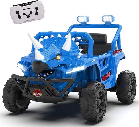Fillfulfun12V Dinosaur Ride on UTV, Kids Electric Car w/Parent Control, 70W Motors, 3-Horn Dinosaur Design, Rear Light & Flag, Front Bumper, 3 Speed, LED, Bluetooth, Ride on Toys for Boys Girls, Green in Saudi Arabia
