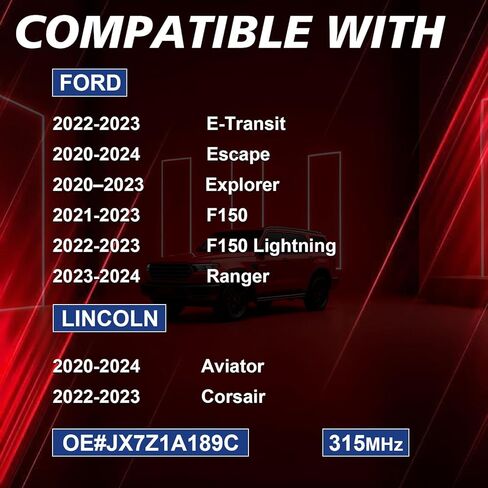 مستشعر مراقبة ضغط الإطارات المبرمج مسبقًا مناسب لسيارة Ford - 2020-2024 Escape 2020-2023 Explorer 2021-2023 F150 2023 2024 Ranger، لسيارة Lincoln Aviator Corsair 4PCS 315MHz استبدال JX7Z1A189C in Kuwait