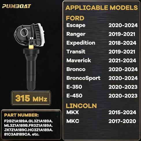 مستشعر TPMS 315 ميجا هرتز مبرمج مسبقًا، مستشعر ضغط الإطارات يناسب فورد إسكيب 2020-2024 | رينجر 2019-2021 |E-350/450 2020-2023/➥لينكولن MKX 2015-2024|MKC 2017-2020/OE#F2GZ1A189A(4 قطعة/المجموعة) in Kuwait