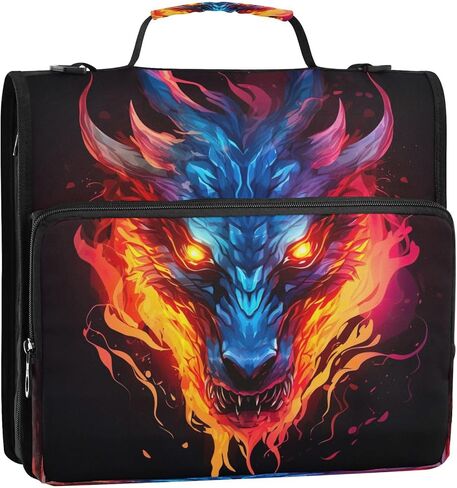 حقيبة Dragon Fire Black Print Zipper Binder Bag 3 حلقات مع حزام الكتف ومقبض حقيبة منظم متعددة الجيوب سعة كبيرة للوازم المكتبية المدرسية in Kuwait