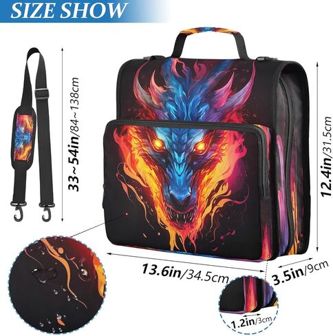 حقيبة Dragon Fire Black Print Zipper Binder Bag 3 حلقات مع حزام الكتف ومقبض حقيبة منظم متعددة الجيوب سعة كبيرة للوازم المكتبية المدرسية in Kuwait